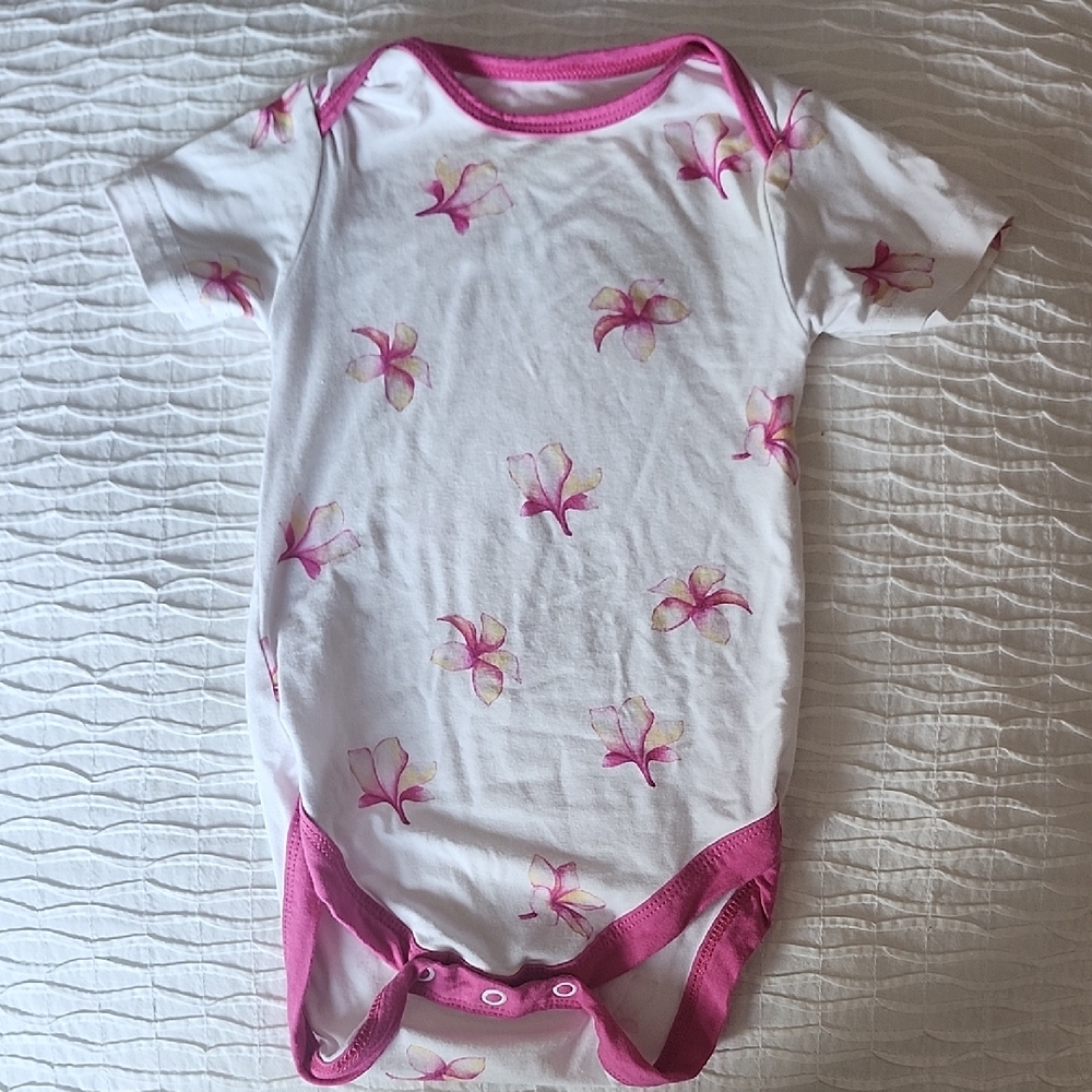 Coco Moon 0-6mo Pink and White Floral Plumerua Print Baby Onsie